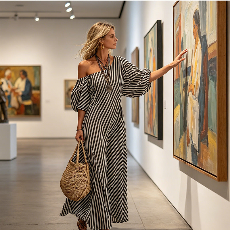 Women's Off Shoulder Striped Maxi Dress