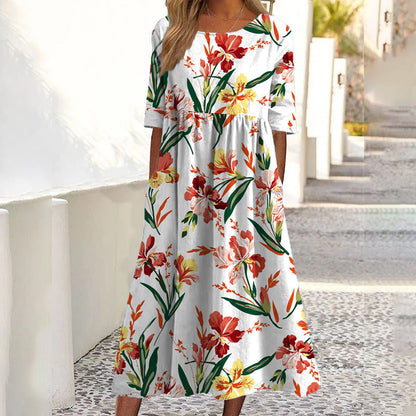 Women's Casual Floral Print Maxi Dress with Pockets