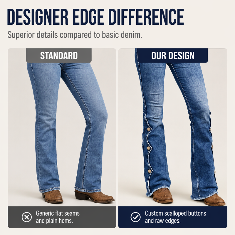 Women's High-Waisted Flare Jeans with Scalloped Side Buttons