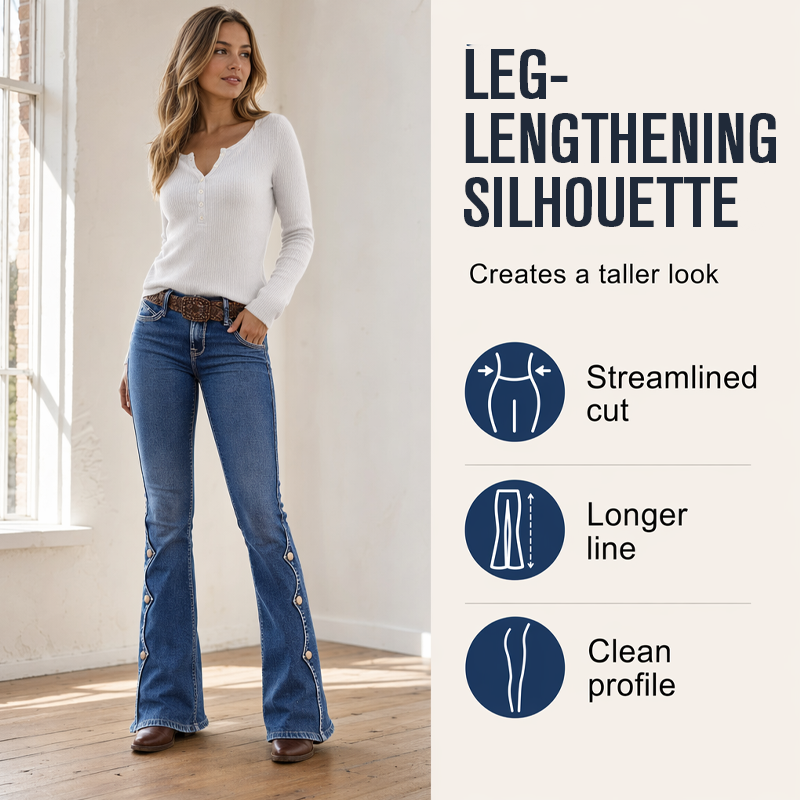 Women's High-Waisted Flare Jeans with Scalloped Side Buttons