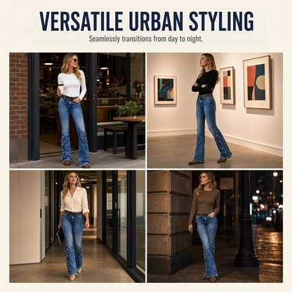 Women's High-Waisted Flare Jeans with Scalloped Side Buttons