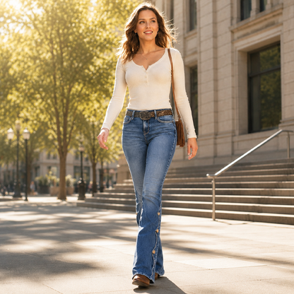 Women's High-Waisted Flare Jeans with Scalloped Side Buttons