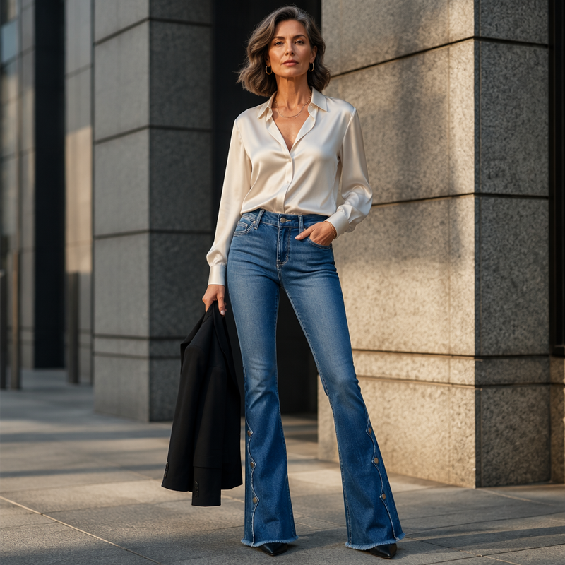 Women's High-Waisted Flare Jeans with Scalloped Side Buttons