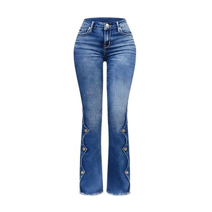 Women's High-Waisted Flare Jeans with Scalloped Side Buttons