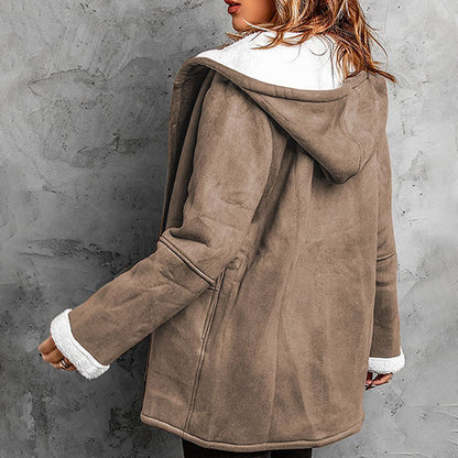 Vintage Style Women's Hooded Suede Jacket With Cozy Plush Interior