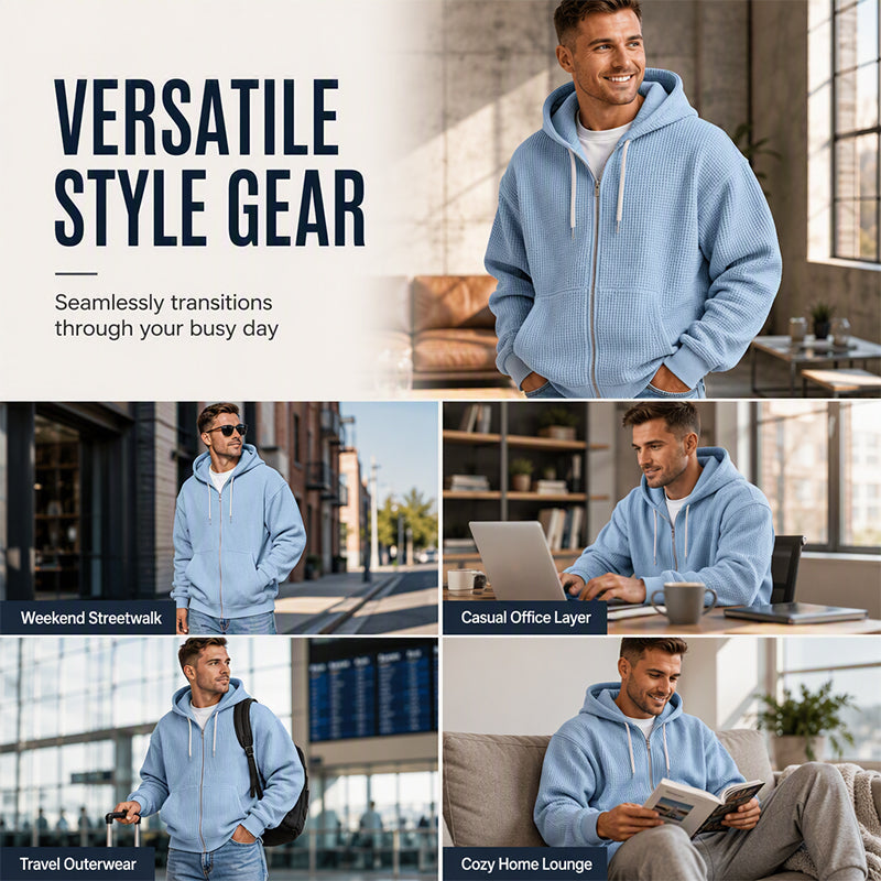 Men's Waffle Knit Full-Zip Hooded Sweatshirt