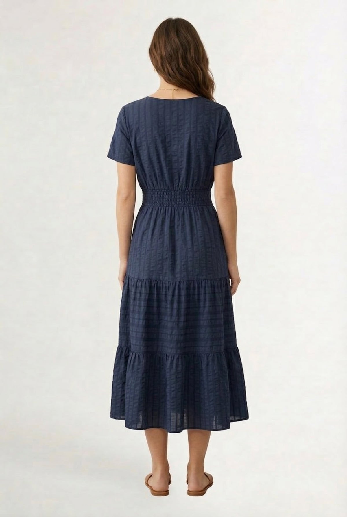 Smocked Waist Long Dress –  V-Neck, Puff Sleeves & Pockets
