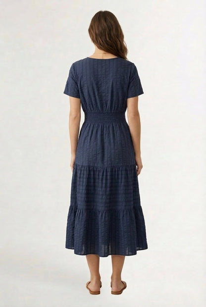 Smocked Waist Long Dress –  V-Neck, Puff Sleeves & Pockets