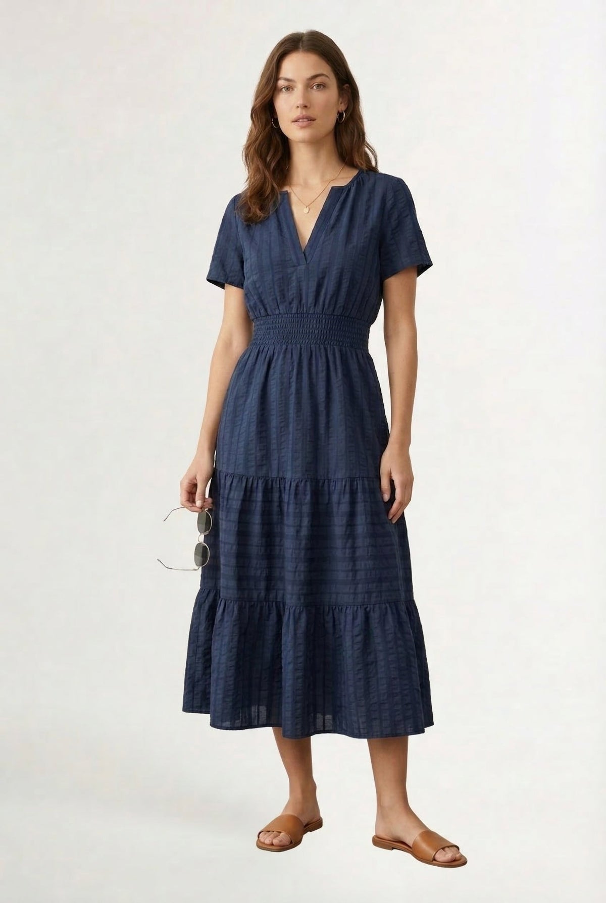 Smocked Waist Long Dress –  V-Neck, Puff Sleeves & Pockets