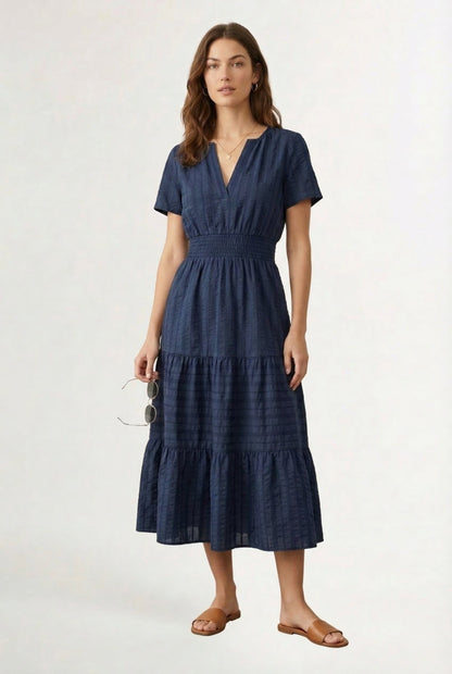 Smocked Waist Long Dress –  V-Neck, Puff Sleeves & Pockets