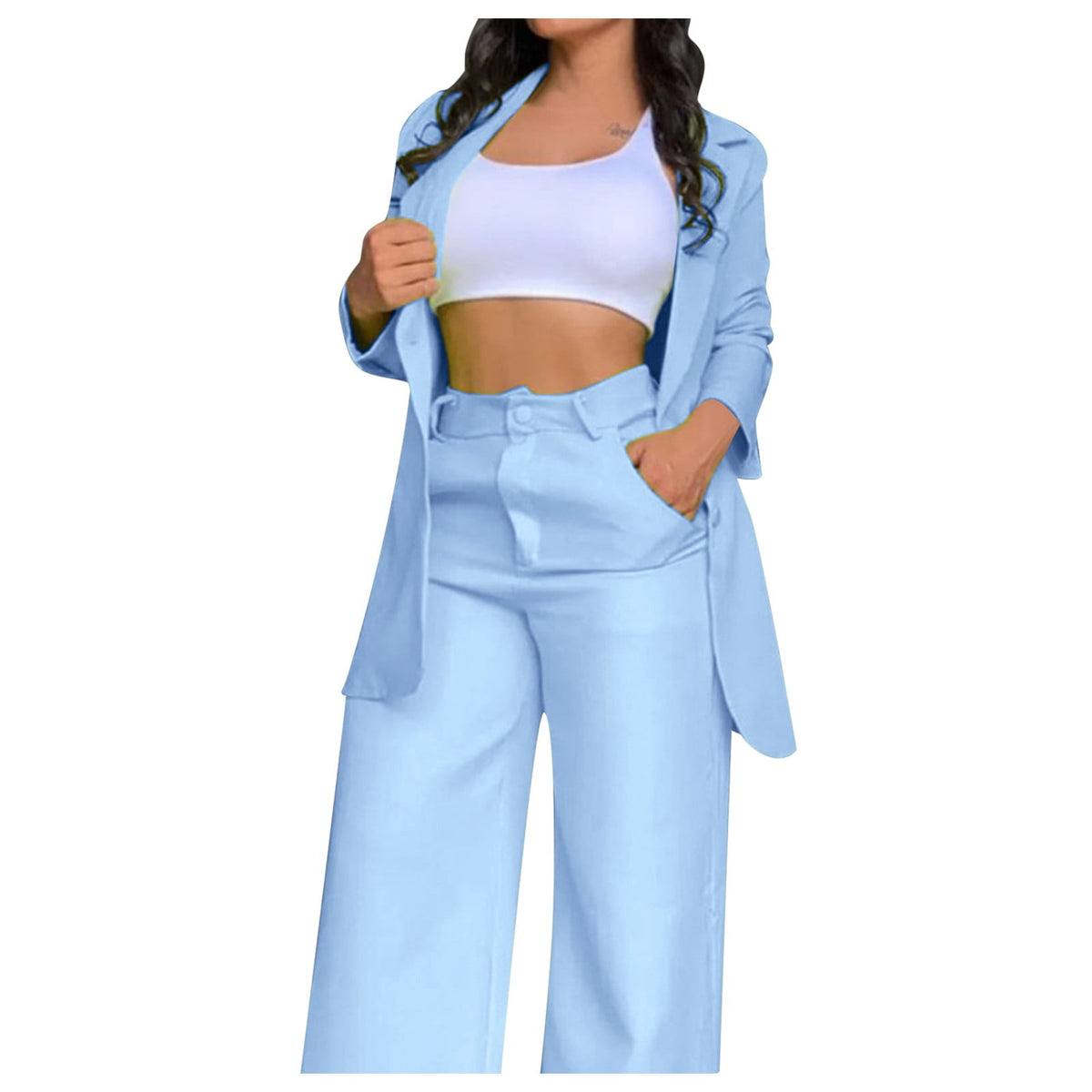 Ruffle Sleeve Blazer & Wide-Leg Pants Set – 2-Piece Business Suit