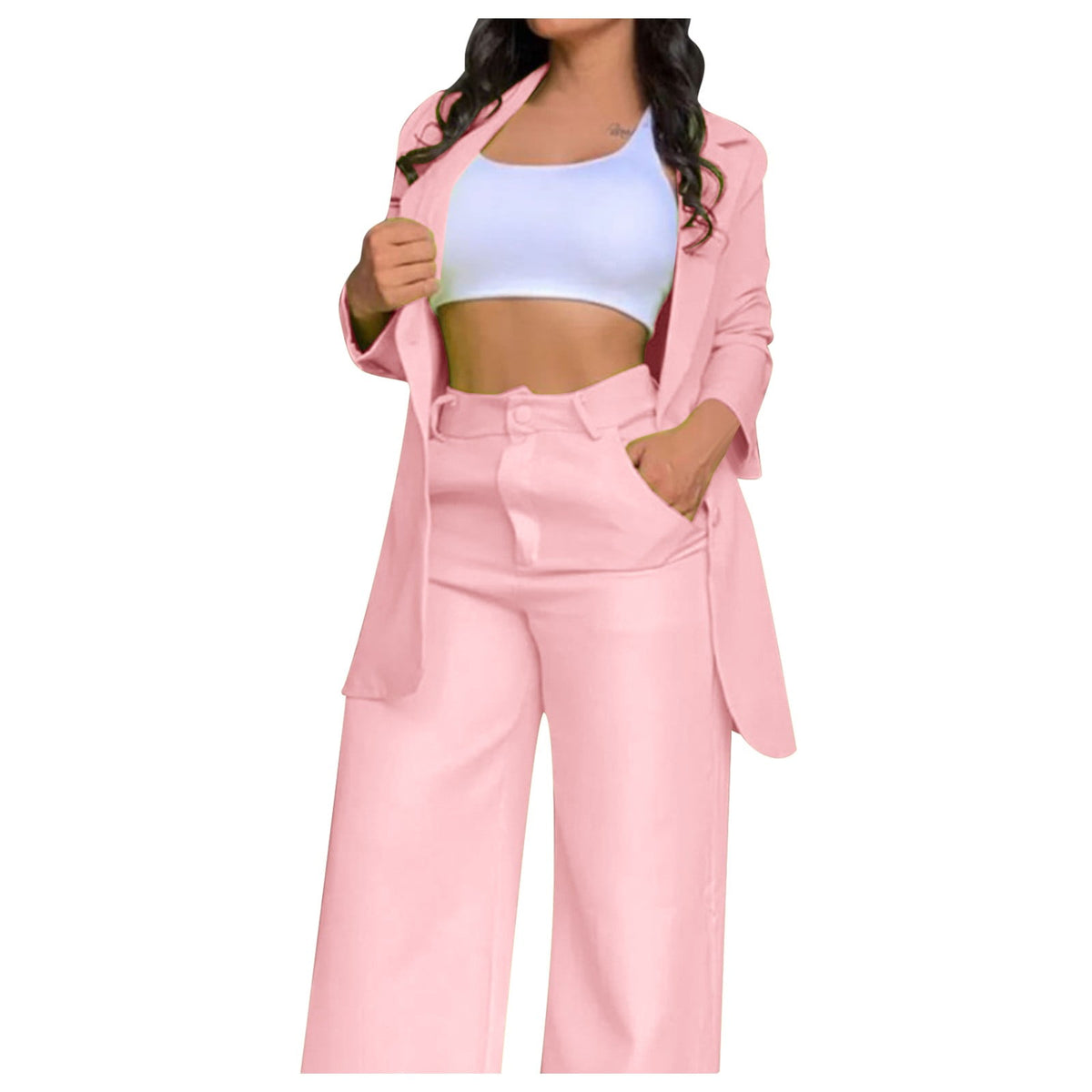 Ruffle Sleeve Blazer & Wide-Leg Pants Set – 2-Piece Business Suit