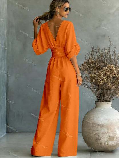 Women's Essential V-Neck Waist-Defining Jumpsuit