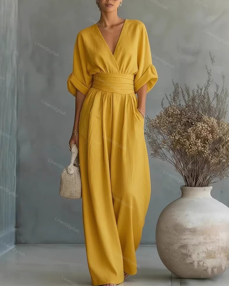 Women's Essential V-Neck Waist-Defining Jumpsuit