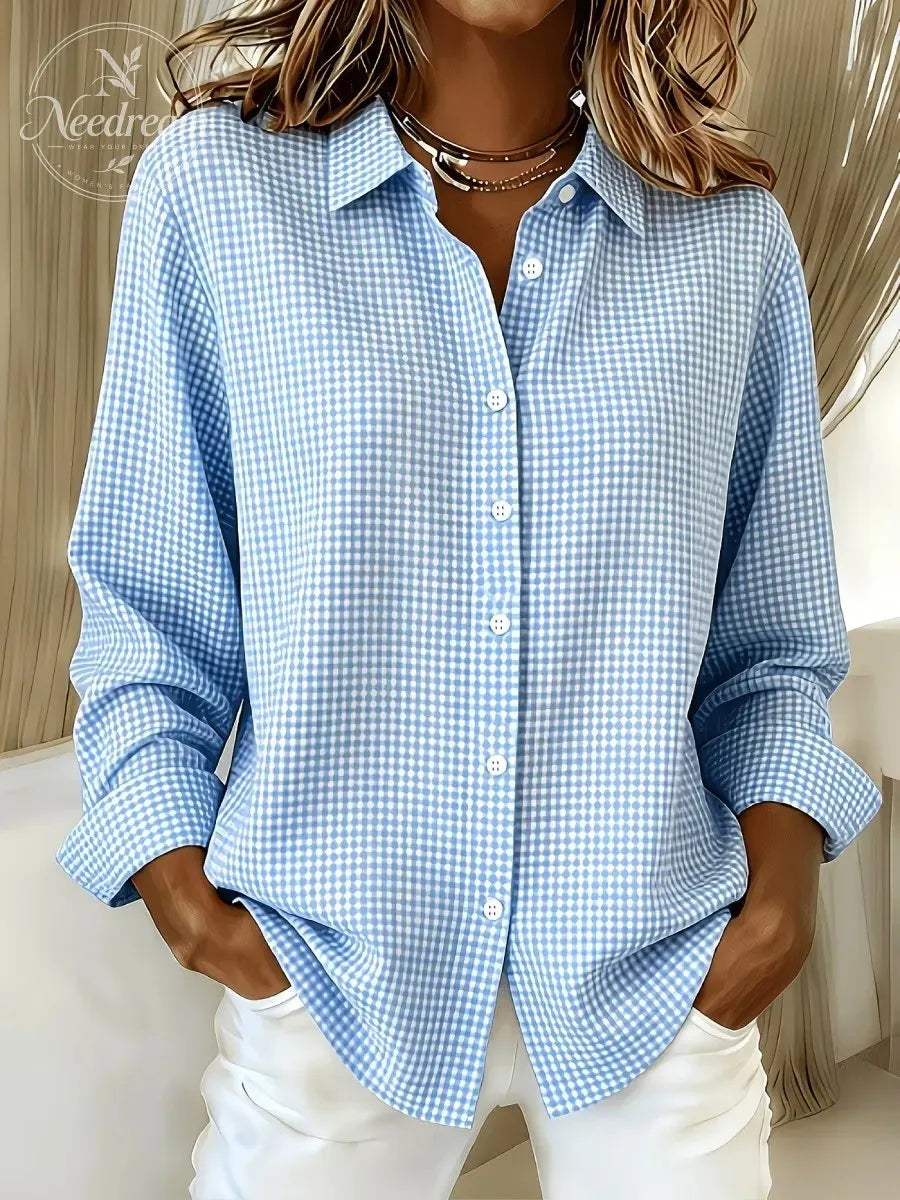 Women's Gingham Long Sleeve Button-Down Shirt – Casual Everyday Top