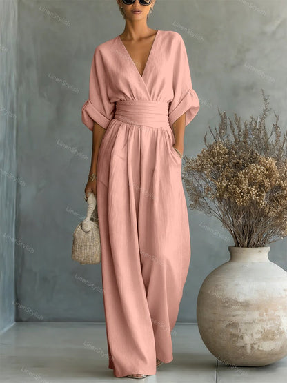 Women's Essential V-Neck Waist-Defining Jumpsuit