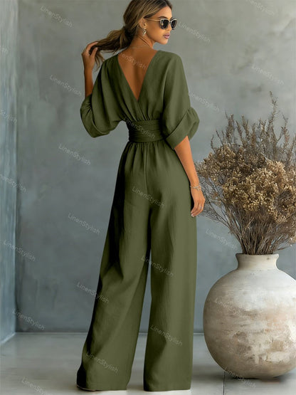 Women's Essential V-Neck Waist-Defining Jumpsuit