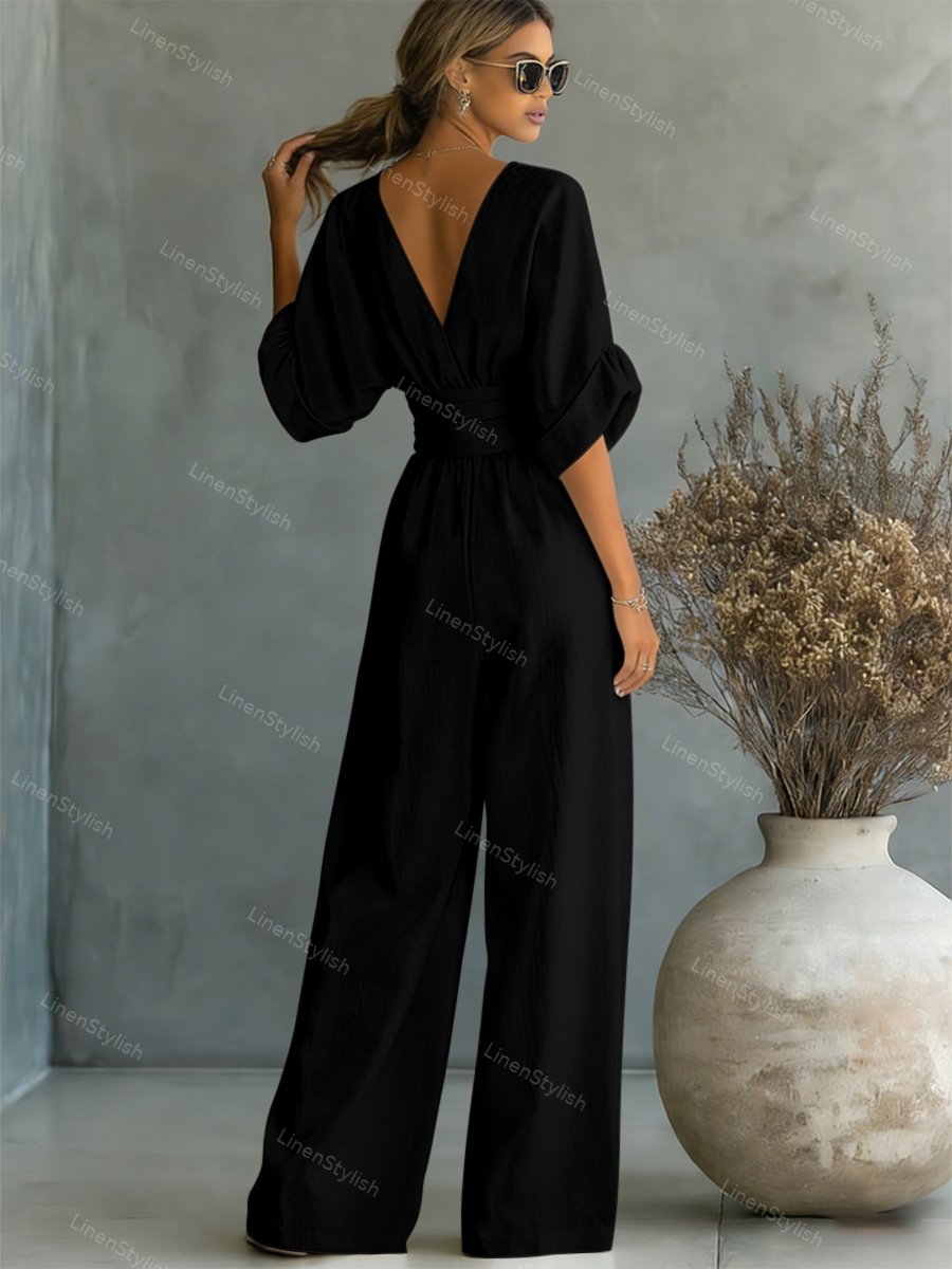 Women's Essential V-Neck Waist-Defining Jumpsuit