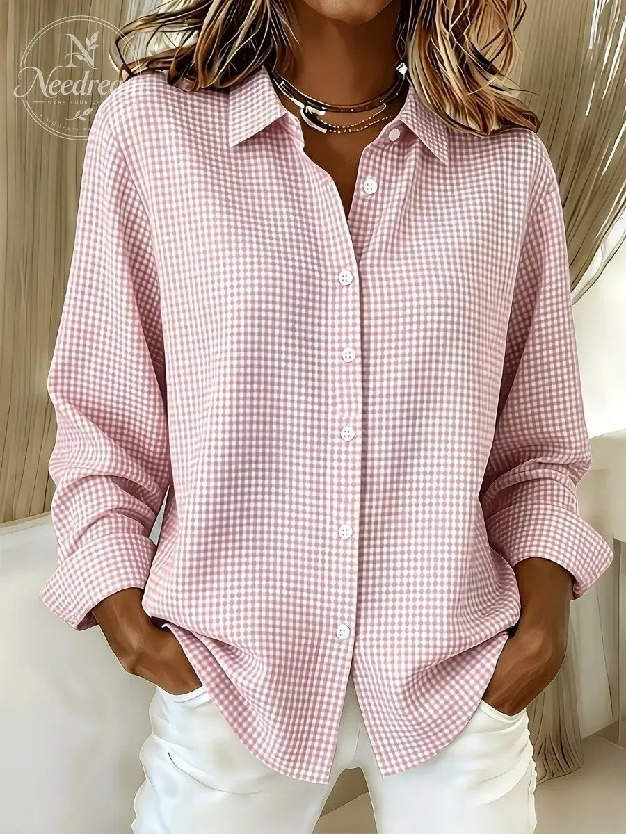 Women's Gingham Long Sleeve Button-Down Shirt – Casual Everyday Top