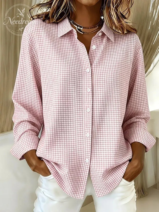 Women's Gingham Long Sleeve Button-Down Shirt – Casual Everyday Top