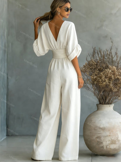 Women's Essential V-Neck Waist-Defining Jumpsuit