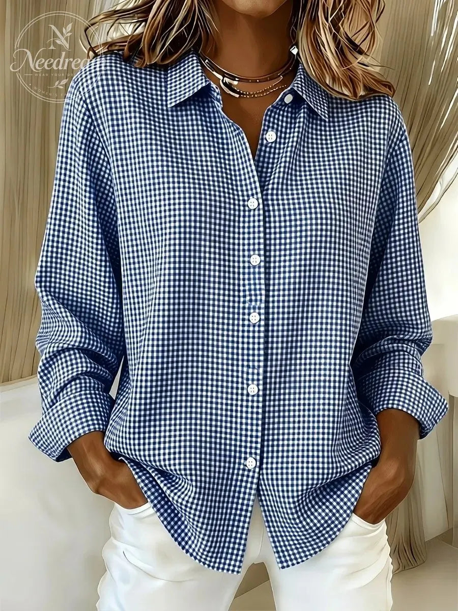 Women's Gingham Long Sleeve Button-Down Shirt – Casual Everyday Top