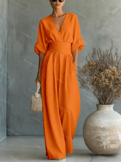 Women's Essential V-Neck Waist-Defining Jumpsuit