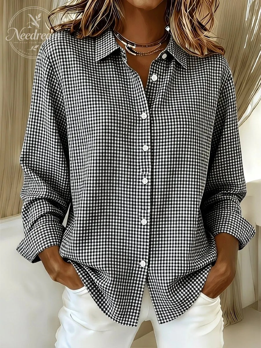 Women's Gingham Long Sleeve Button-Down Shirt – Casual Everyday Top