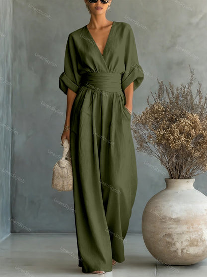 Women's Essential V-Neck Waist-Defining Jumpsuit