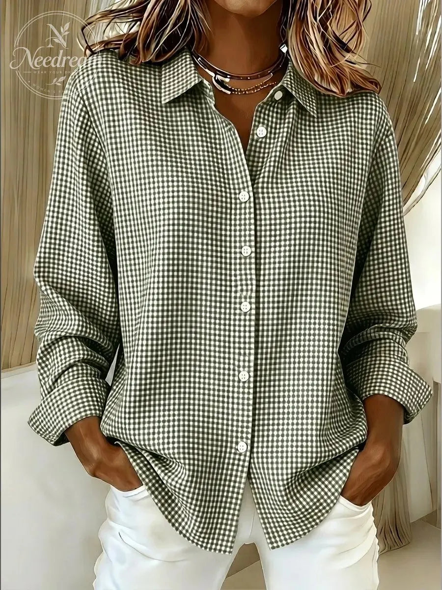 Women's Gingham Long Sleeve Button-Down Shirt – Casual Everyday Top