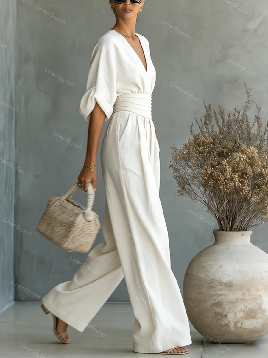 Women's Essential V-Neck Waist-Defining Jumpsuit