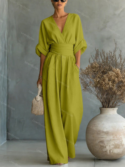 Women's Essential V-Neck Waist-Defining Jumpsuit