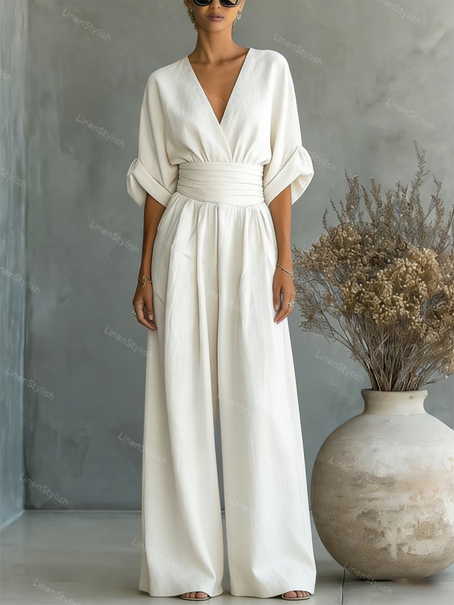 Women's Essential V-Neck Waist-Defining Jumpsuit