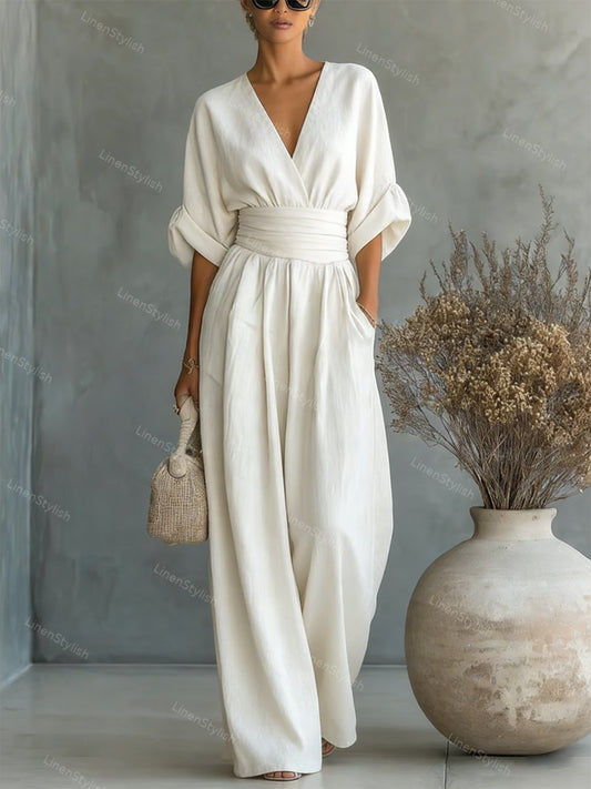 Women's Essential V-Neck Waist-Defining Jumpsuit