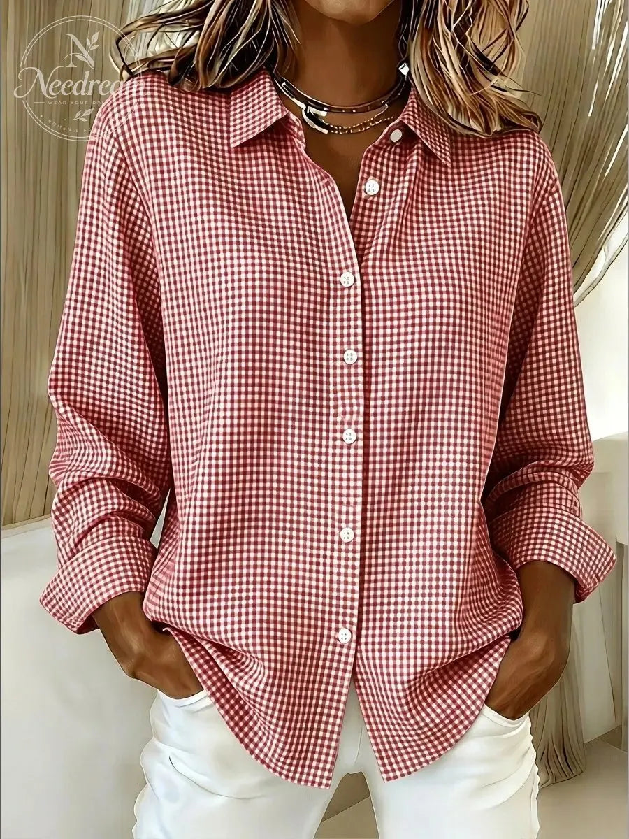 Women's Gingham Long Sleeve Button-Down Shirt – Casual Everyday Top