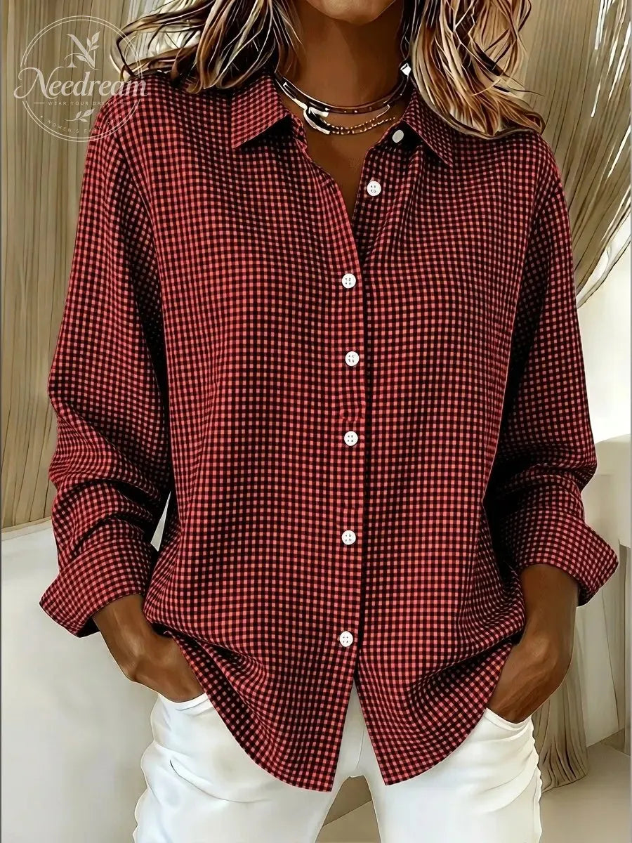 Women's Gingham Long Sleeve Button-Down Shirt – Casual Everyday Top