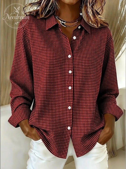 Women's Gingham Long Sleeve Button-Down Shirt – Casual Everyday Top
