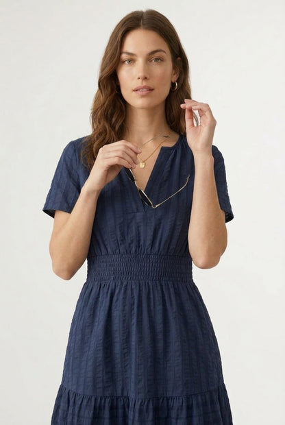 Smocked Waist Long Dress –  V-Neck, Puff Sleeves & Pockets